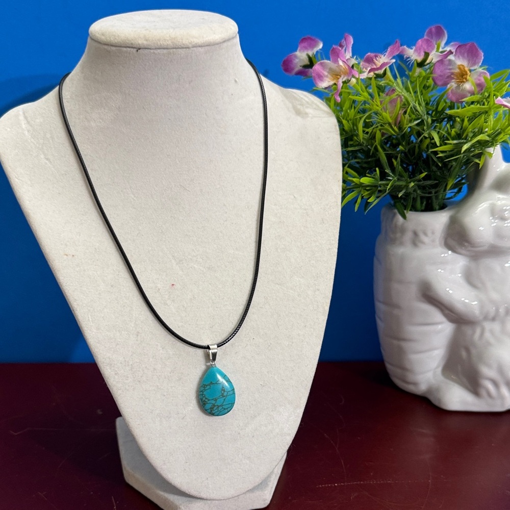 Natural Crystal Turquoise Teardrop Pendant Necklace on Black Cord
